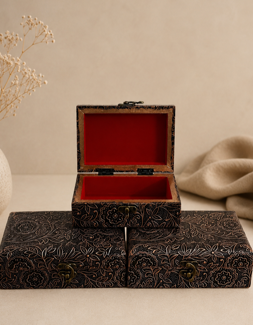 Vintage Floral Handcrafted Wooden Jewelry Box Combo for Gifts