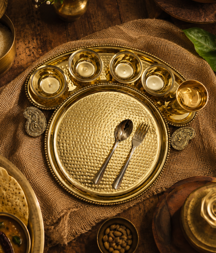 Brass Thali Set – Traditional Handmade Indian Dinner Plate Set