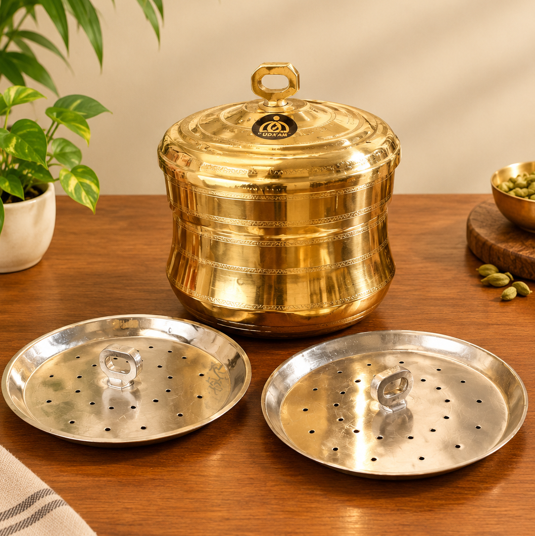 Traditional Brass Steamer – Polished Flat Mould Cooker for Authentic South Indian Cooking
