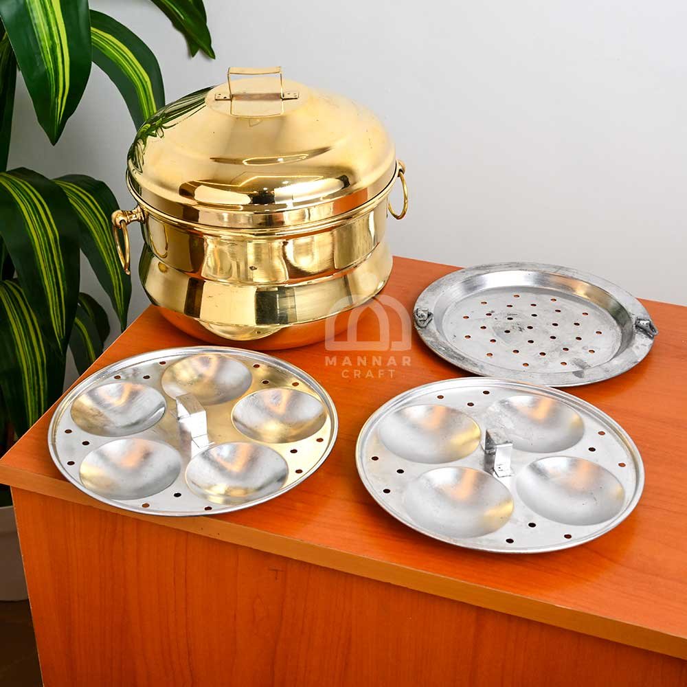 Kerala Model Polished Brass Idli Steamer – 9 Mould Traditional Brass Cooker with Extra Modak Plate