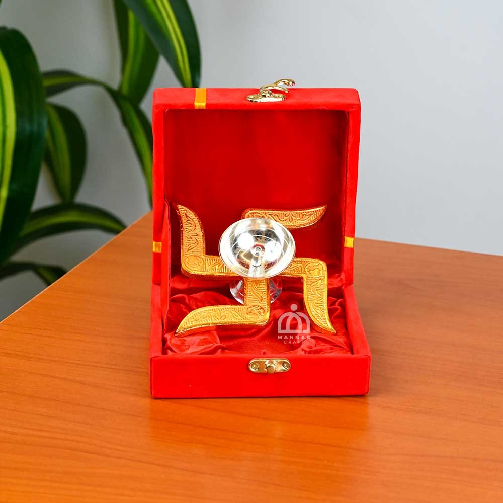 Set of 4 Brass Swastik Diya with Velvet Box – 4 Inch Traditional Brass Oil Lamps for Pooja, Home Décor & Gifting