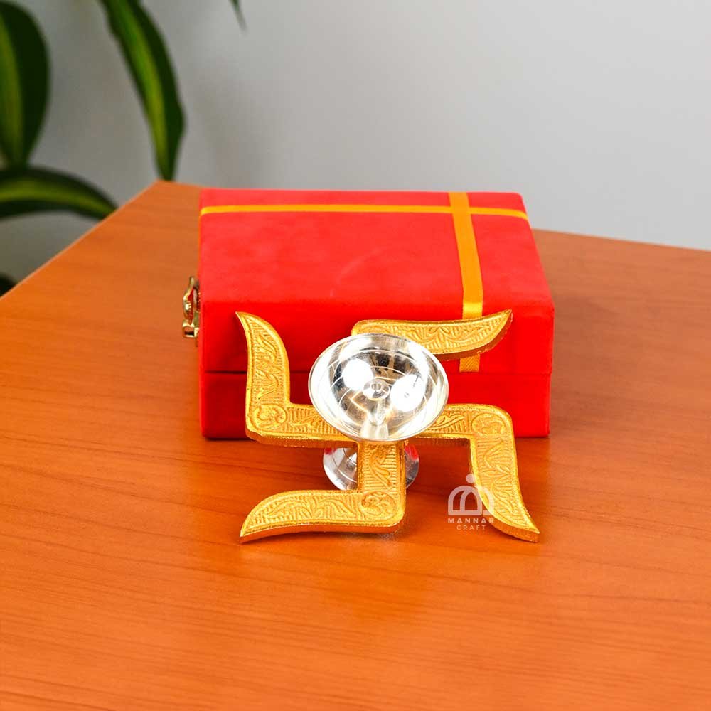 Set of 4 Brass Swastik Diya with Velvet Box – 4 Inch Traditional Brass Oil Lamps for Pooja, Home Décor & Gifting