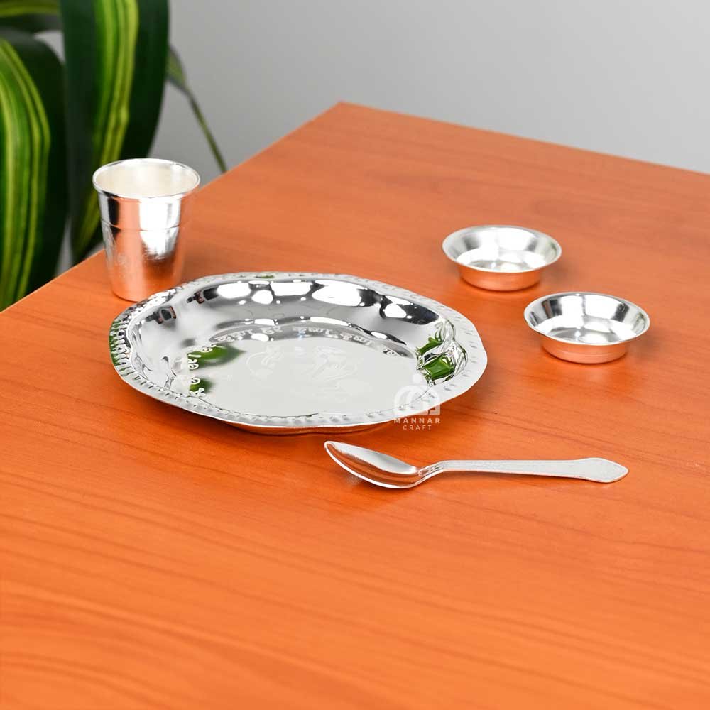 Set of 5 Brass Silver Plated Pooja Thali Set – Complete Puja Plate with Bowls, Spoon & Glass | Traditional 6-Inch Aarti Thali with Gift Box - large 