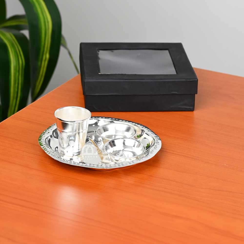 Set of 5 Brass Silver Plated Pooja Thali Set – Complete Puja Plate with Bowls, Spoon & Glass | Traditional 6-Inch Aarti Thali with Gift Box - large 