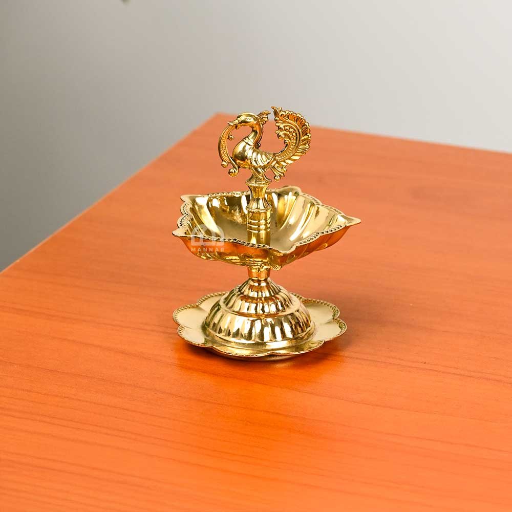 Set of 5 Traditional Brass Peacock Diya – Handcrafted One-Layer Oil Lamps for Pooja, Festivals & Home Decor (4.5 Inch Height)