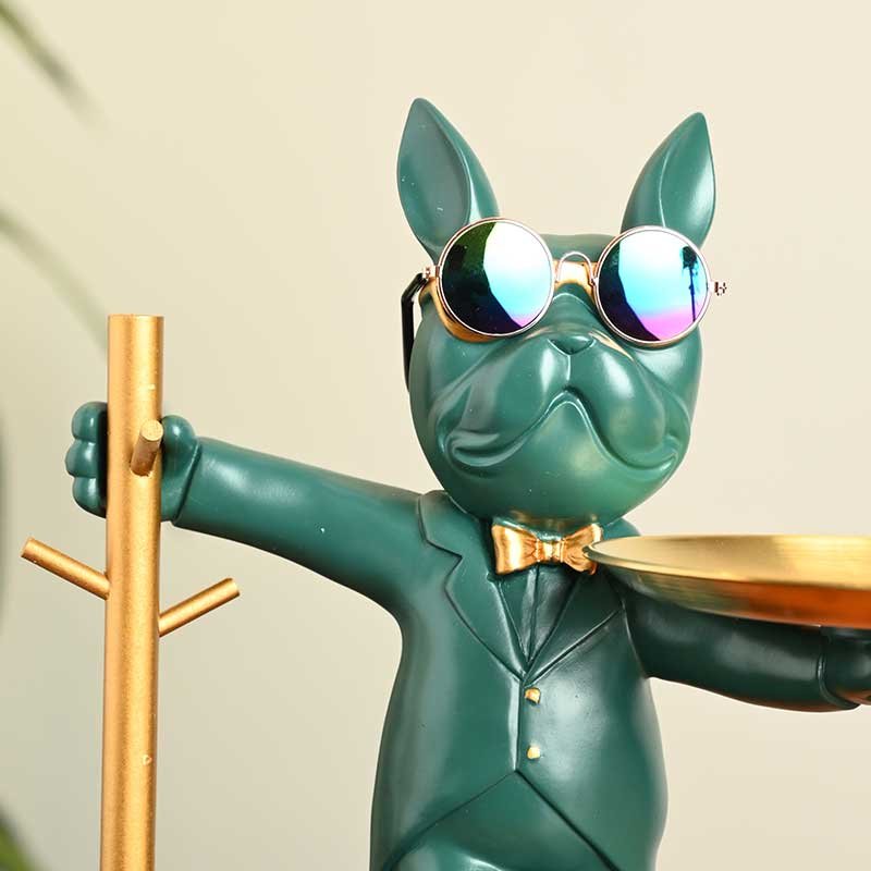 Teal Color French Bulldog Key Holder with Tray – Resin Decorative Organizer