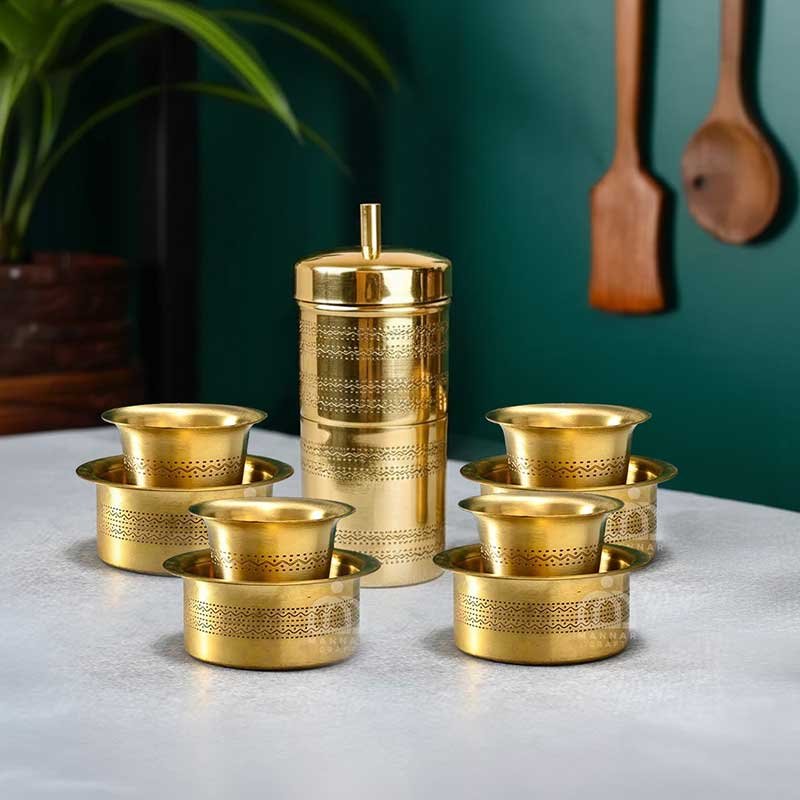 Polished Finish Etched Brass Coffee Filter Davara Set Combo