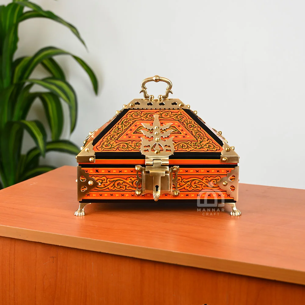 Nettoor Petti with Orange Mural Paint  | Mahogany Amadapetti Jewel Box | Handcrafted Kerala Wooden Box