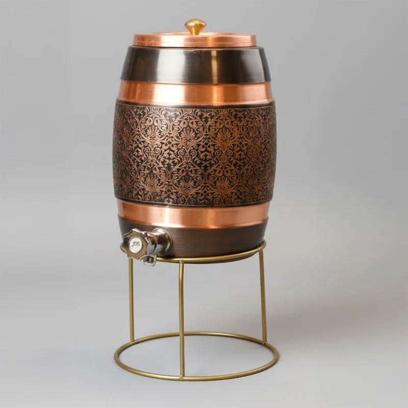 Mannar Craft Pure Copper Water Dispenser 5L - Antique Pot & Stand
