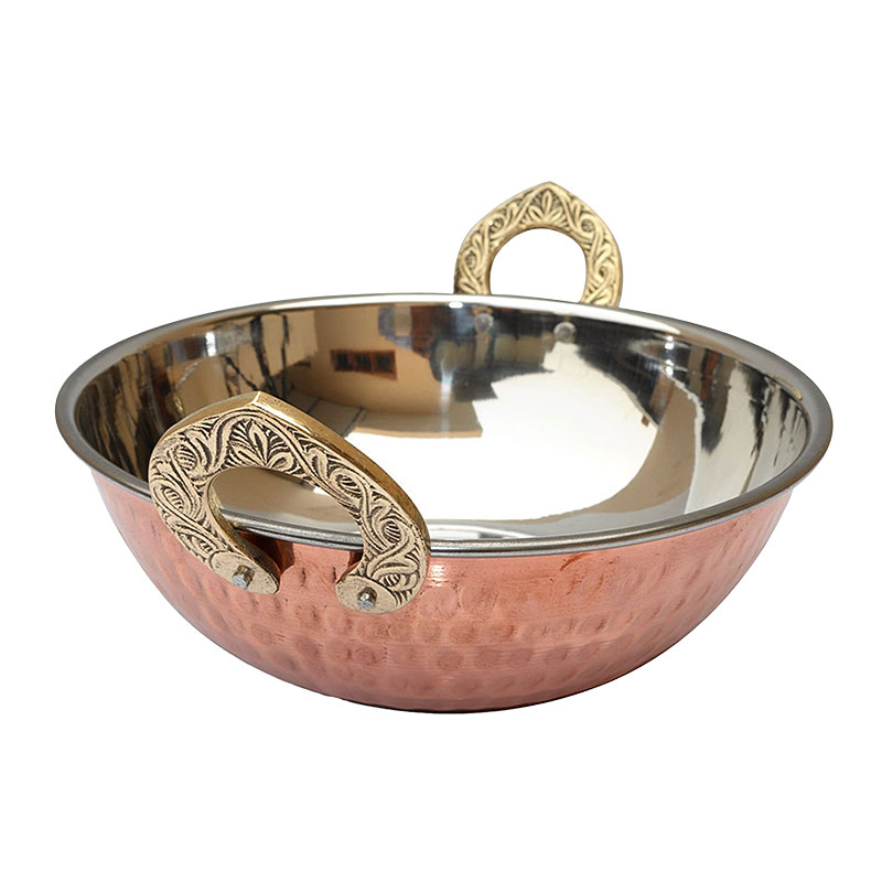 Copper-Steel Kadai /Hammered bowl with brass handle- 320 gm