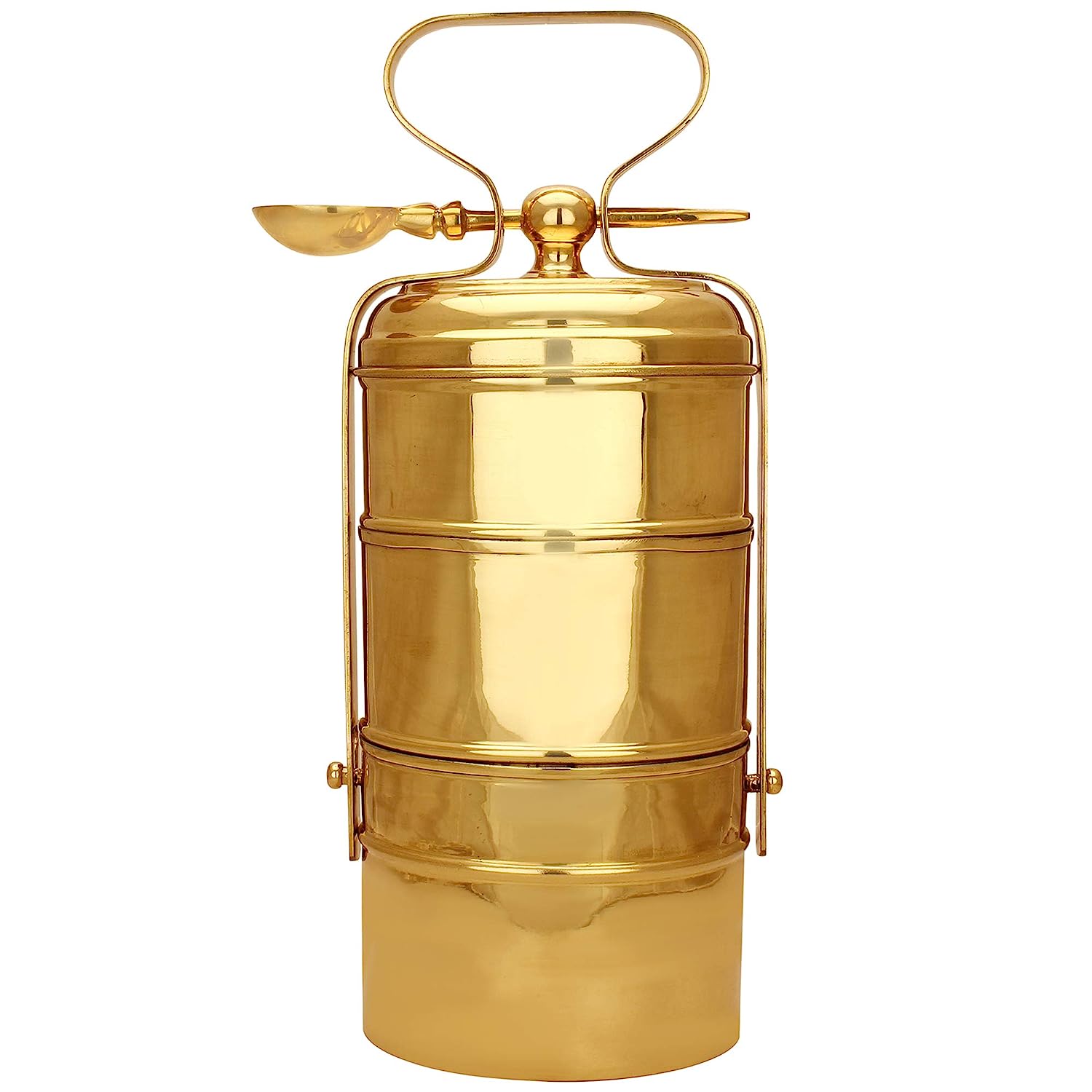 Mannar Craft 3 Tier Export Quality Brass Tiffin Box with Inner Food Grade Tin Lining and Spoon (Gold Silver, Weight 1600 GMS, H 13.5\\