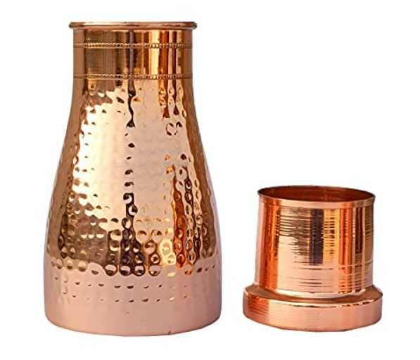 Pure Copper Hammered Design Bedroom Water Bottle with Inbuilt Glass, Health Benefits, Drinkware, 1100 ML