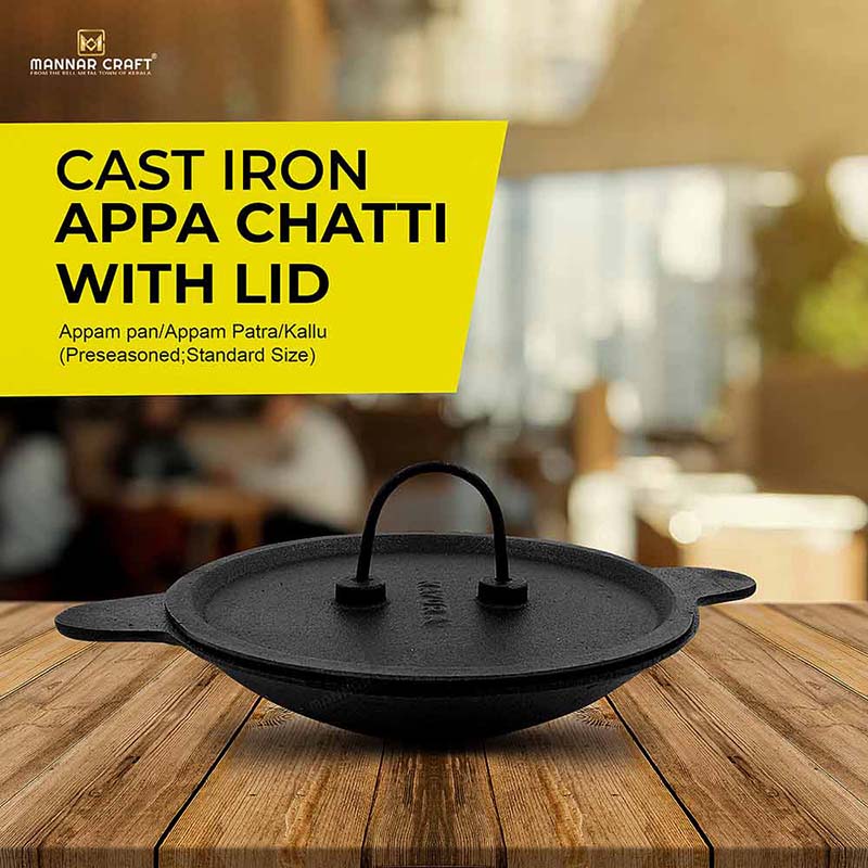 Cast Iron AppaChatti with Lid / Appam pan / Appam Patra / Kallu (Pre Seasoned, Standard Size)