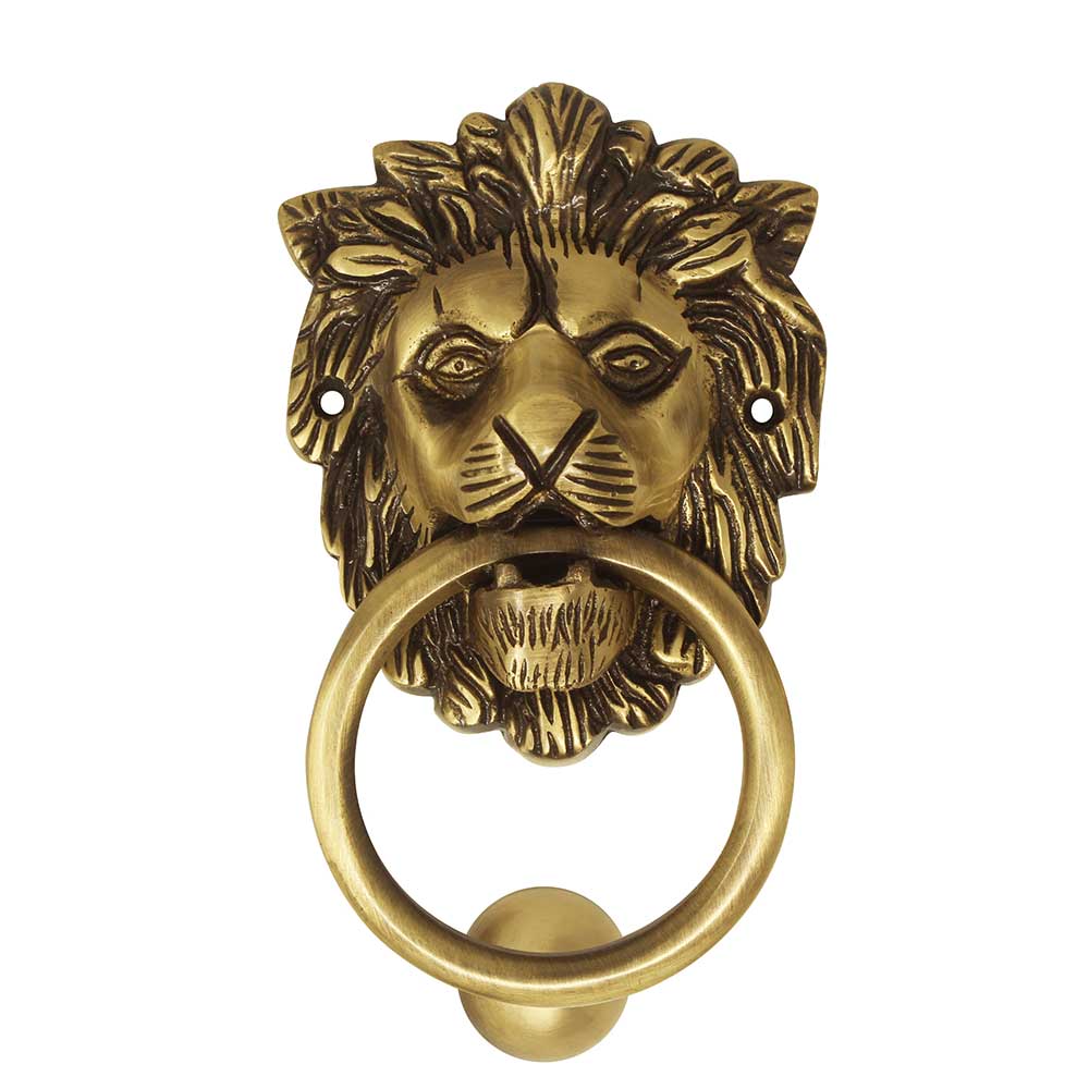 Brass Door Knocker - Lion Face Design - Antique - 5inch Face