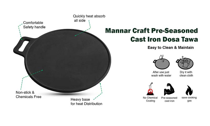 Pre-Seasoned Cast Iron Tawa Cookware with Flat Bottom (Black), Ready to Use, for Roti/Paratha/Dosa/Uttapam (09 Inch)