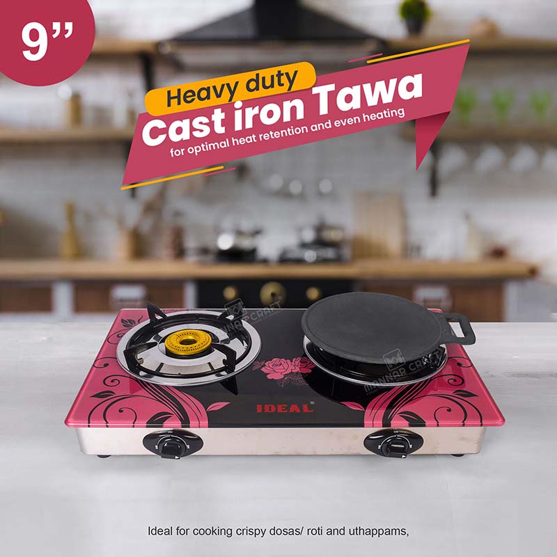 Pre-Seasoned Cast Iron Tawa Cookware with Flat Bottom (Black), Ready to Use, for Roti/Paratha/Dosa/Uttapam (09 Inch)