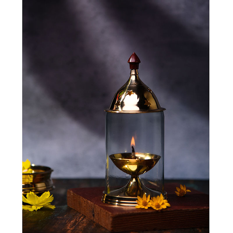 Mannar Craft Store  Akhand Diya, Brass Oil Lamp with Glass Cover and knob  for Pooja (Small)