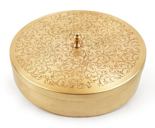 Mannar Craft Brass Handcrafted Masala Box With Embossed Lid- Diameter 9.4