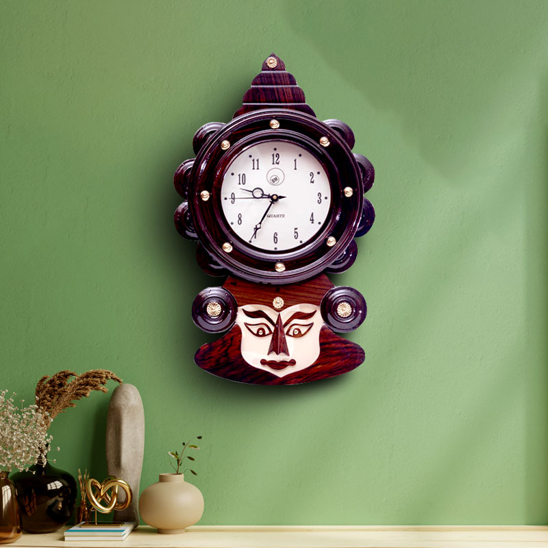 Wooden Wall Clock - Artistic Kathakali Face - Rose Wood - BIG - size