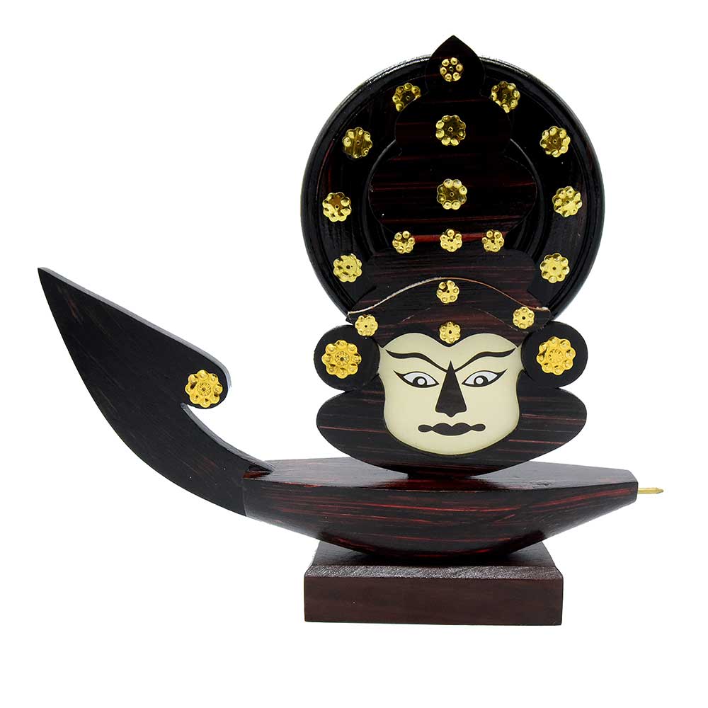 Wooden Kerala Traditional Boat Curio Miniature with Kathakali Face (8 Inch)