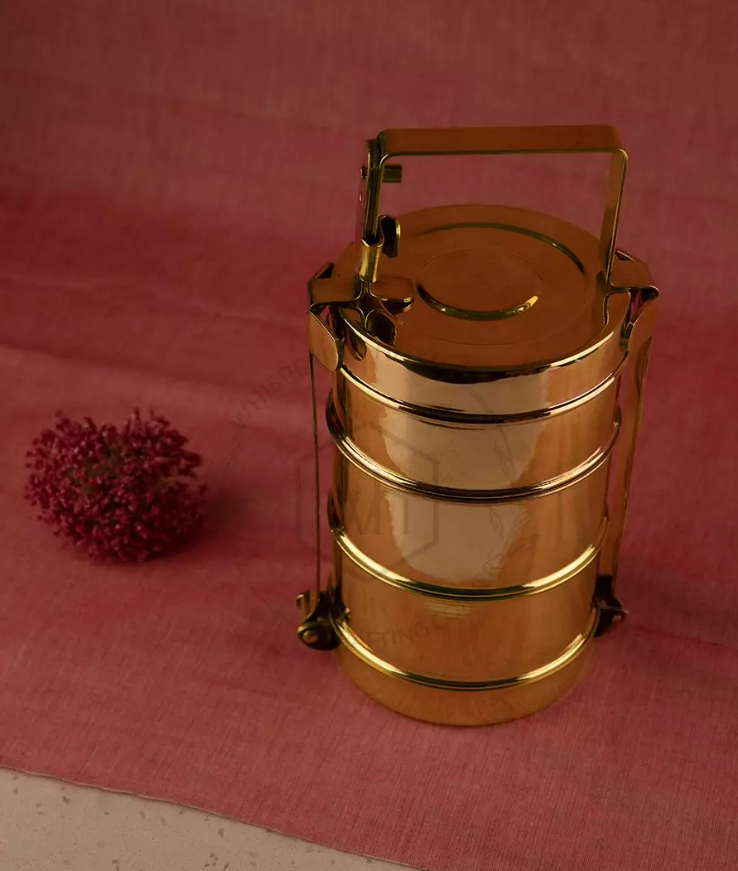 Mannar Craft Brass Handmade Lunch Box with three compartments, Serveware, Tableware, 11