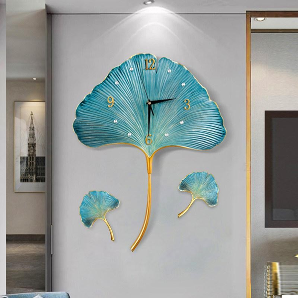Luxurious Ginkgo Turquoise S3 Metal Leaf Wall Decor Time Clock