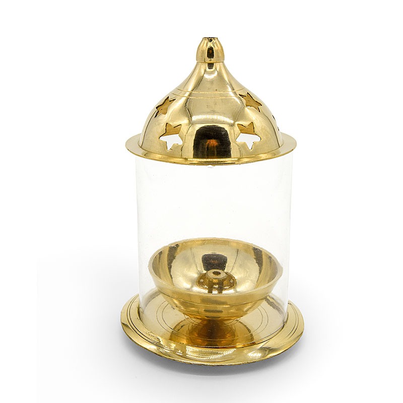 Akhand Diya, Brass Oil Lamp with Glass Cover without knob for Pooja (Small)