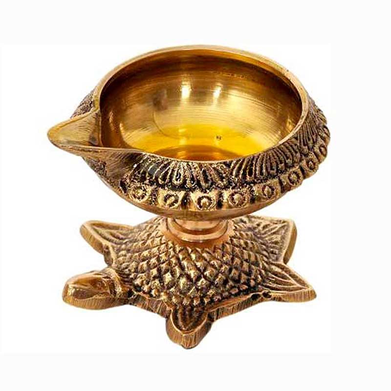 Brass Kuber Diya with Turtle Base, Engraved Design Diyas for Pooja, Diwali and Return Gifts 5.5 cm Dia
