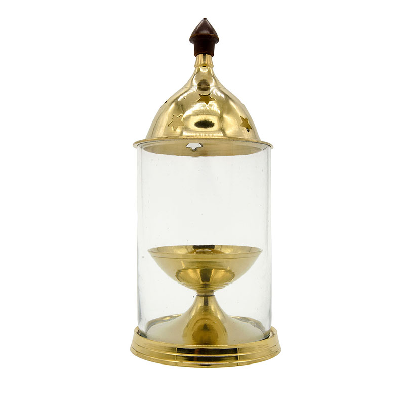 Akhand Diya, Brass Oil Lamp with Glass Cover and knob for Pooja (Small)