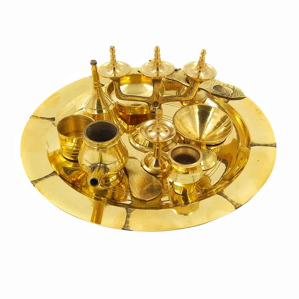 Brass Pooja Thali Set - Complete Puja Plate Set with Aarti Thali, Perfect for Religious Occasions - 6 inch