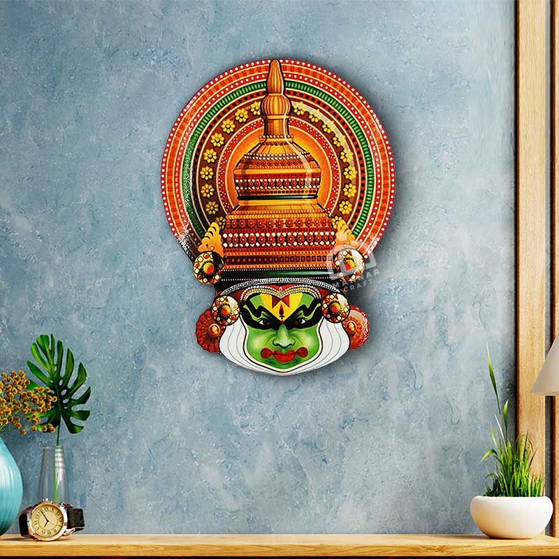 Mannar Craft Kathakali Face Wall Hanging - Wooden Wall Art Decor - Printed - 4 Inch
